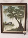 Original oil painting depicting a landscape of a barn with river & large tree - Signed Perez
