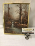 Vintage Roy Hampton original oil painting of landscape with tress and small waterfall