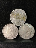 Collection of 3 silver Morgan Dollars. The years are 1891 1890-S and 1898