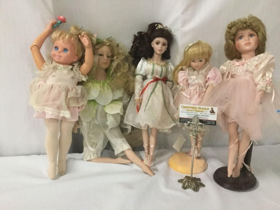 Five porcelain and vinyl ballerina dolls from Westminster, Swan Collection, Tyco, and more. JRL