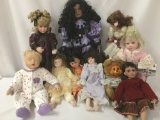 Ten porcelain, vinyl, and composite dolls from makers like Seymour Mann, Brinns, JMBJ, Hamilton