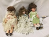 3x vintage and modern plastic, porcelain, and plaster dolls. Dynasty doll and more. Largest doll