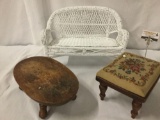 Lot of doll furniture, including coffee table, wicker bench, and ottoman. Largest piece approx.