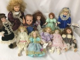 Lot of eleven porcelain and soft vinyl dolls from the Broadway Collection and others. Largest Doll