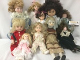 Ten porcelain, composite, and vinyl dolls from makers like Horsman, Remco, Heritage Mint, Jesco, and