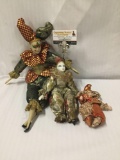 3x vintage composite and plastic harlequin dolls. Sugar Loaf and more. Largest doll measures