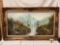 Large ornate wood framed oil painting of scenic mountain waterfall and mill - signed by artist