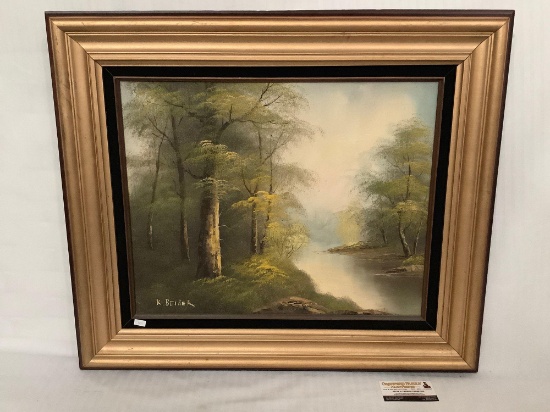 Framed original canvas oil painting of a creek in a forest - signed by artist K Beiber