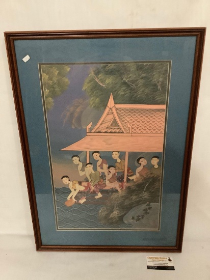 Professional framed and matted Asian artwork - group of women collecting water scene