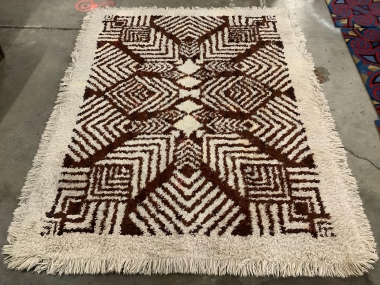 Decorative handmade shag rug with geometric neutral tone design - as is needs cleaning