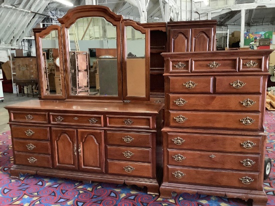Lot of 2 American Drew dressers - tall boy with 7 drawers and long 9 drawer dresser with mirror