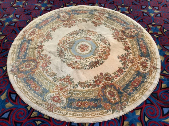 Vintage Sears Kismet Classic wool decorator rug - round multi-color pattern and made in Belgium