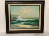 Framed original Oceanside surf & shore scene oil painting - signed by artist W. Chester