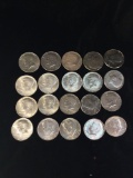 Collection of 20 Kennedy half dollars. 11 1964 silver coins and 9 silver clad coins from 1965-1969