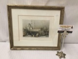 Vintage hand tinted steel engraving of W.H. Bartletts Mosque of Sultana in wood frame with mat