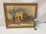 Original watercolor painting of adobe structure - signed E.L. Clark in wooden frame