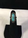 Sterling Silver Native American ring w/ turquoise, feather motif, & signed by artist size 5.75 -