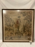 Antique framed tapestry of English hunting party on horseback
