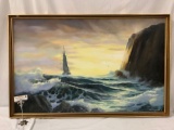 Large framed original oil painting of sailboat in ocean waves by James Eichelberger 1979