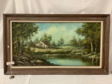 Large original oil painting of a cabin by the lake - signed by artist Keenan