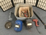 Metal tub of welding masks & misc items incl. 1 Fibre metal welder mask, leather mask, staple gun