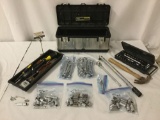 Voyager Diamond plate tool box filled with tools, ratchet set, a bag of metric wrenches and more