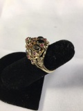 Vintage 14k gold statement ring with 19 garnets, 8 hematite stones - size 5.75 & 6.3 grams ttw