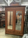 Maple wardrobe w/ mirrored doors, clean styling & lighted shelves - now media cabinet