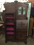 Antique rare dark tiger oak curio cabinet secretary desk w/ nice carved molding - missing mirror