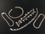 Collection of 5 vintage and modern sterling silver bracelets - chains, bangles, and more - 66 grams