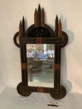 Antique wood carved hand made mirror - marked JK 1903 - with 
