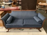 Antique Victorian low sofa with nice blue upholstery and rolled cushions - classic look