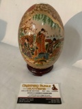 Vintage Asian cloisonne painted porcelain egg on wood stand