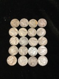 20 silver mercury dimes. Dates range from 1920-1945