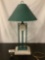 Vintage table lamp with shade, green, tested and working, chip on base, approx 18x33 inches