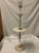 Standing lamp with floral design and marble shelf, works, approx 56x15 inches.