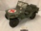 Large scale plastic toy army medic jeep shows wear / broken plastic, approximately 21 x 10 x 11