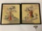 2x framed Asian art prints with female figures and wildlife