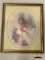 Vintage framed print portrait of a woman in bonnet, artist unknown, approximately 19 x 23 inches.