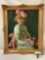 Ornate antique wood frame with portrait on canvas of young girl with pink bow in her hair, inscribed