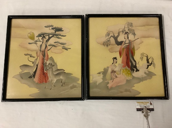 2x framed Asian art prints with female figures and wildlife