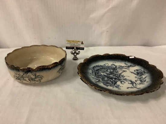 Antique English Empire Works platter & bowl set w/ wonderful flow blue design & age crackle