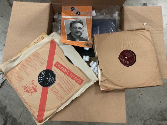 OPEN BOX LOT: collection of old phonograph records and programs approx 14x14x14 inches.