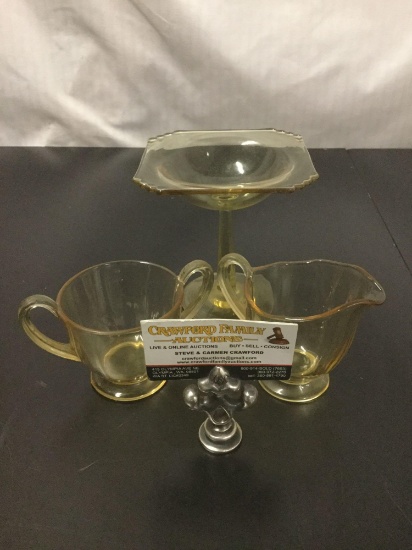 3 pieces of vintage yellow depression glass. A candy dish and cream and sugar set. The candy dish