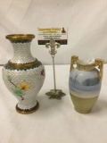 One floral Cloisonne Vase and one Nippon vase with hand painted Landscape scene. Larger vase is