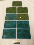 Nine vintage Takahashi plastic trays with paisley pattern, five blue and four green. Approx