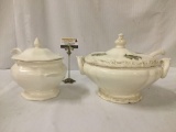 Two vintage ceramic punch bowls w/ Lids and ladles. Approx. 12x15x10.5 inches. JRL