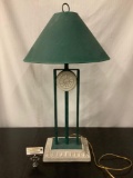 Vintage table lamp with shade, green, tested and working, chip on base, approx 18x33 inches