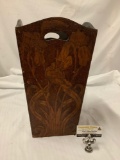 Decorative vintage wood umbrella holder with incised floral design, approx 10x18 inches.