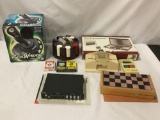 Asst gaming lot: cards, poker chips, shuffler, backgammon, chess/Checkers, controller etc